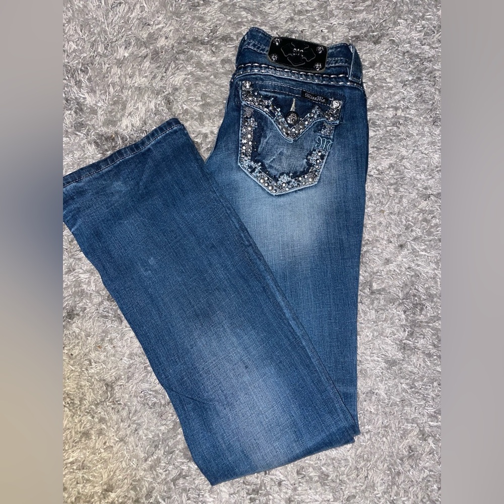 Miss Me Sz 27 (Actual 27x32) Signature Boot Embellished Dark Low Rise Jeans EUC